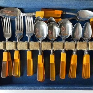 Vintage Gold Bakelite and Lucite 35-piece Flatware Set